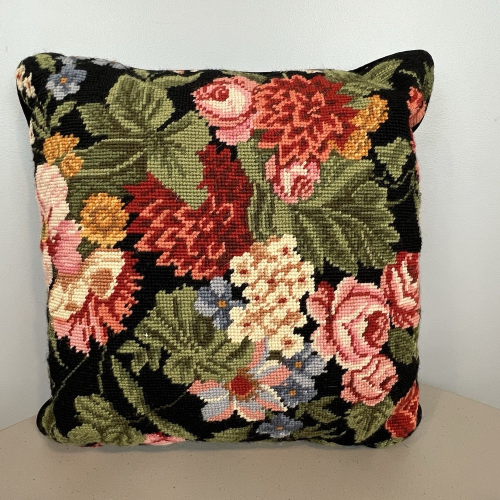 Needlepoint Floral Wool Throw Pillow Case Black Velvet Back 15"x15"